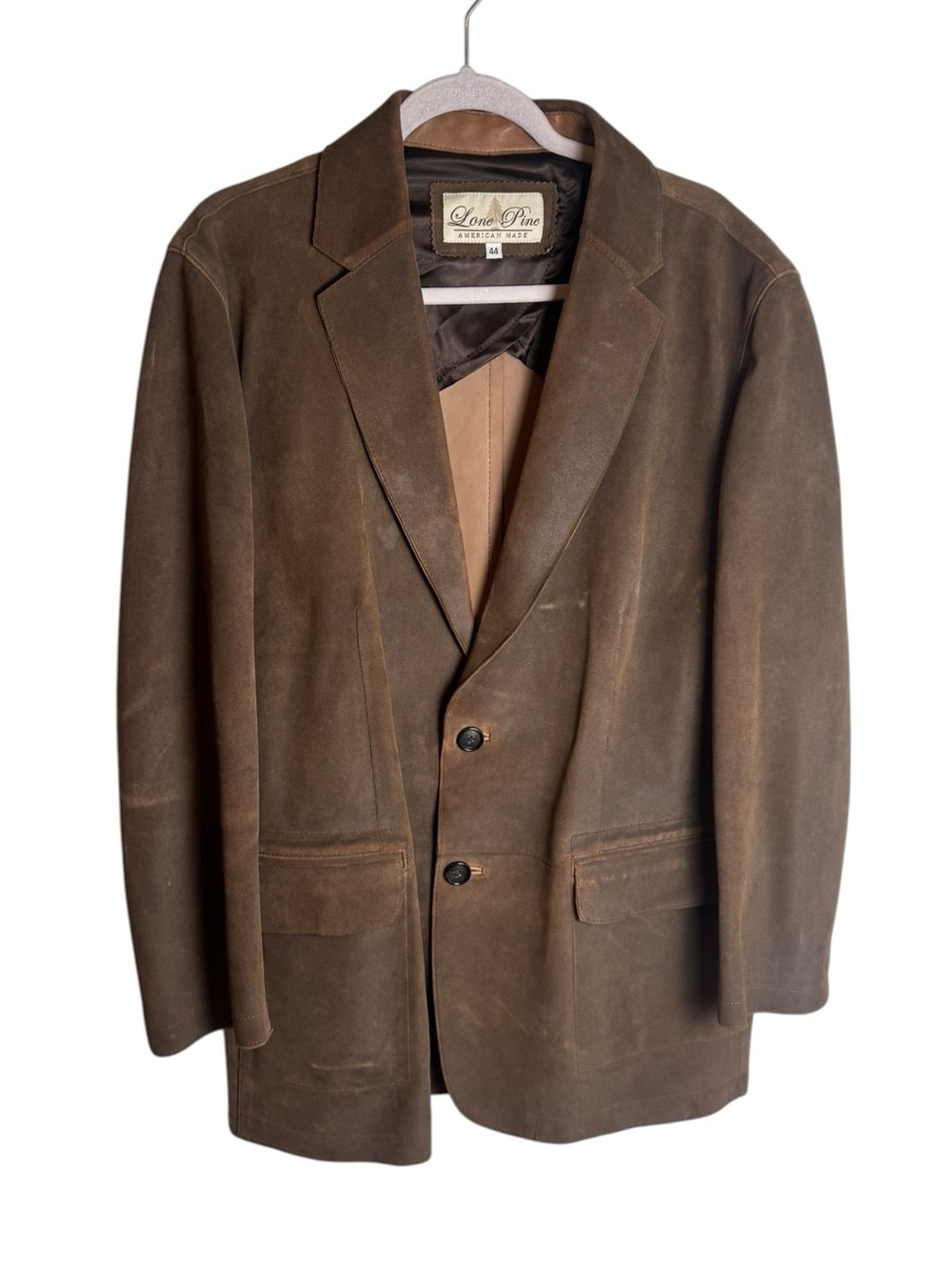 Vintage Lone Pine American Made Leather Suede Sport Coat Blazer Coyote Trim 44